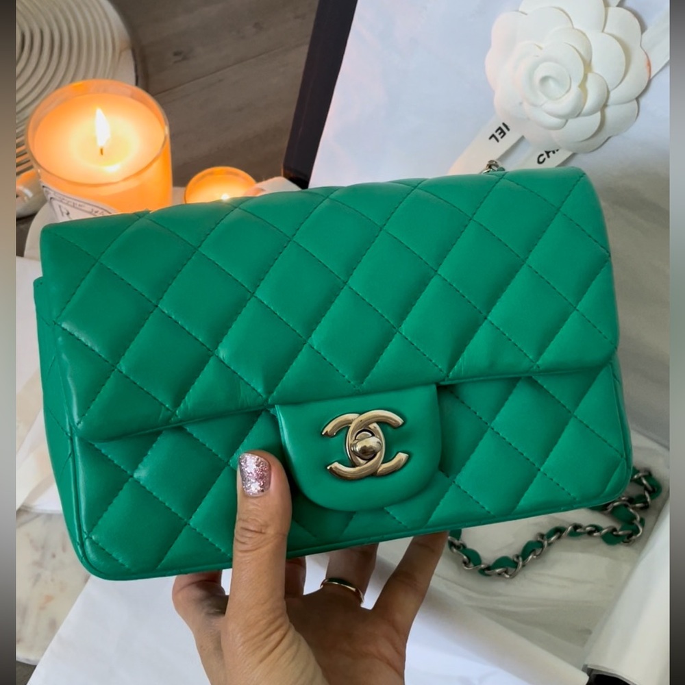 Chanel green mini rectangle crossbody flap